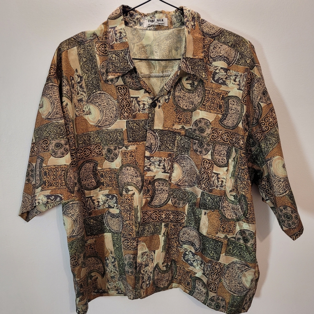 Vintage Thai Silk By Apple Brown & Green Short Sleeve Button Down Shirt - Xl